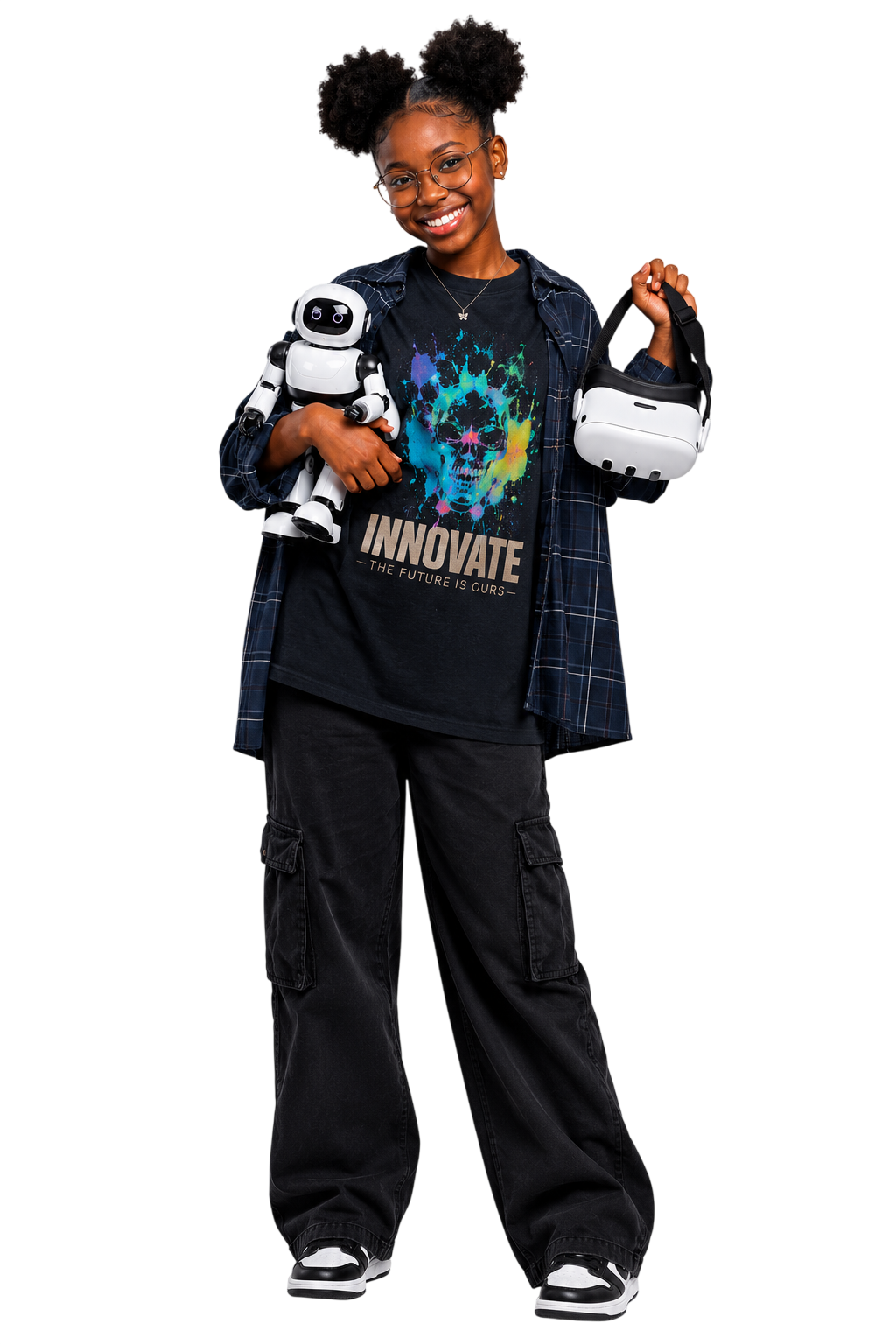 An IMMERSIA camper holding a robot and a VR headset